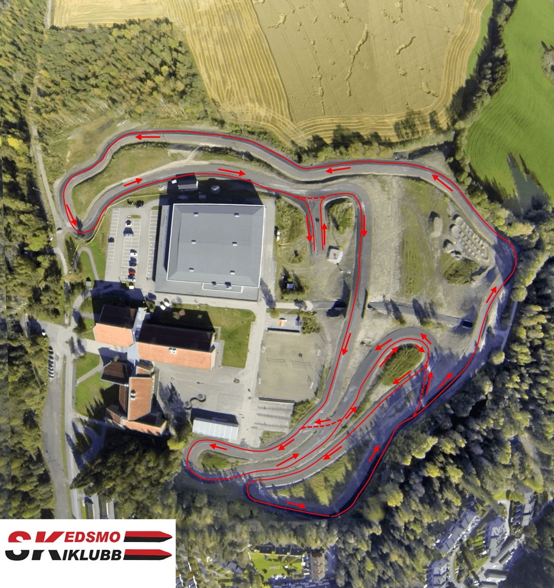 Kart over Tæruddalen skistadion med retningsvisning i løypene