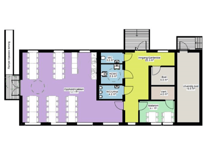 Klubbhuset utvendig og innvendig